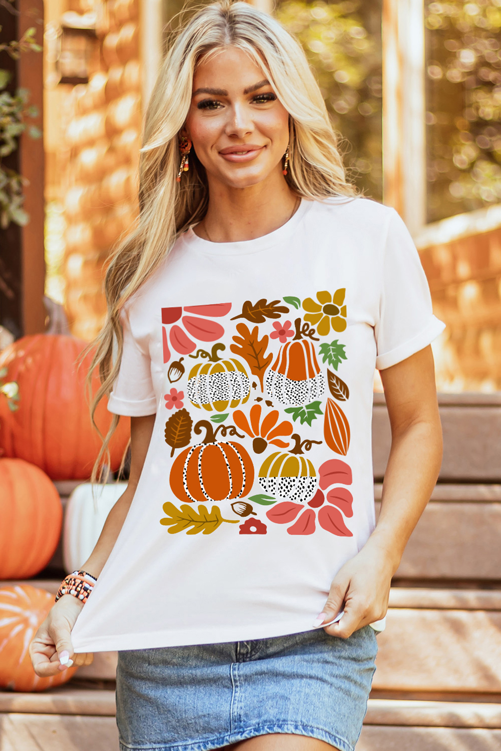 White Pumpkin Flower Print Fall Graphic Cotton Blend Tee