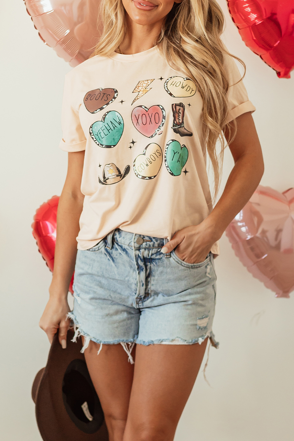 Red Leopard Striped Heart Shaped Print Crew Neck T Shirt