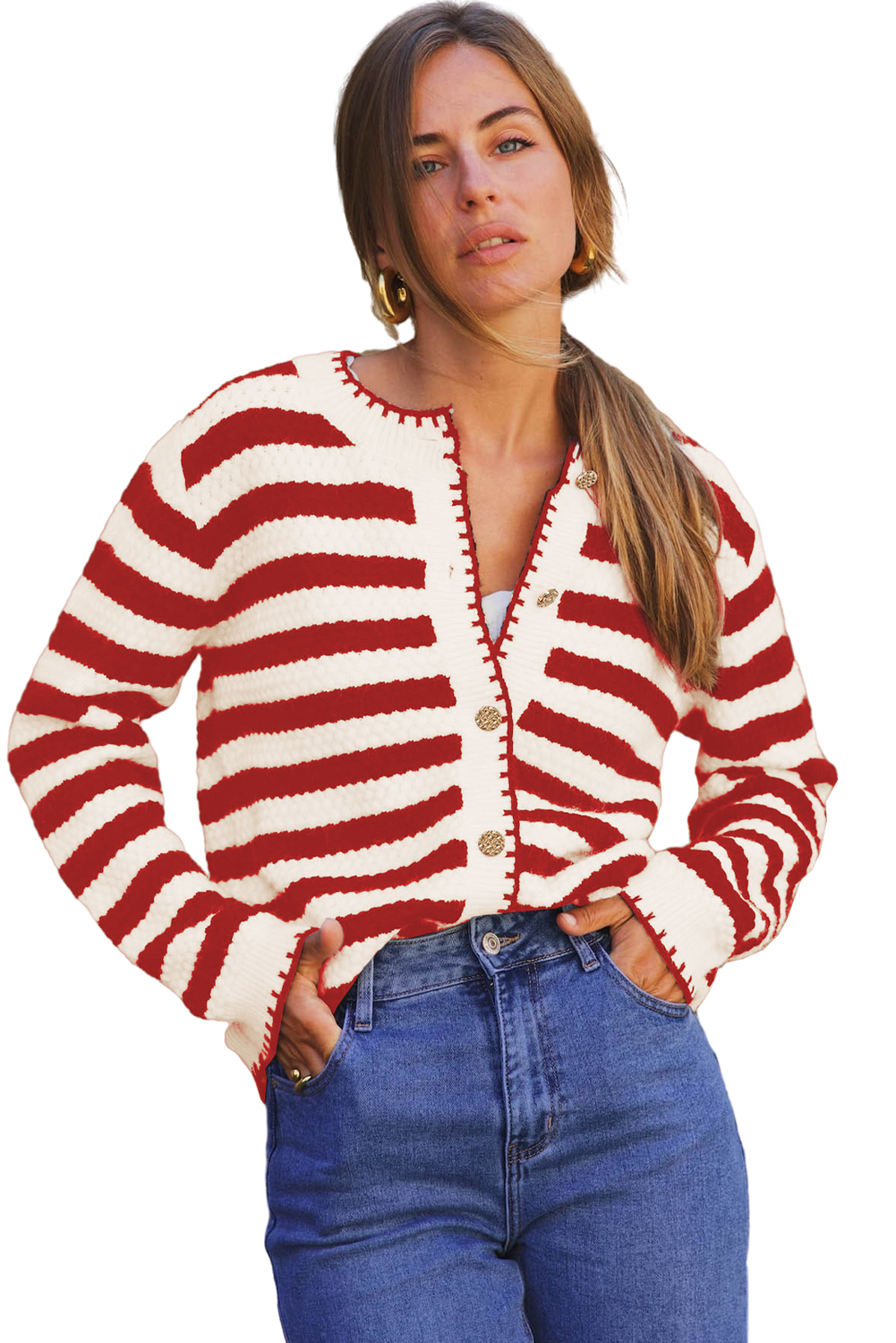 Red Stripe Chic Golden Button Cardigan Sweater