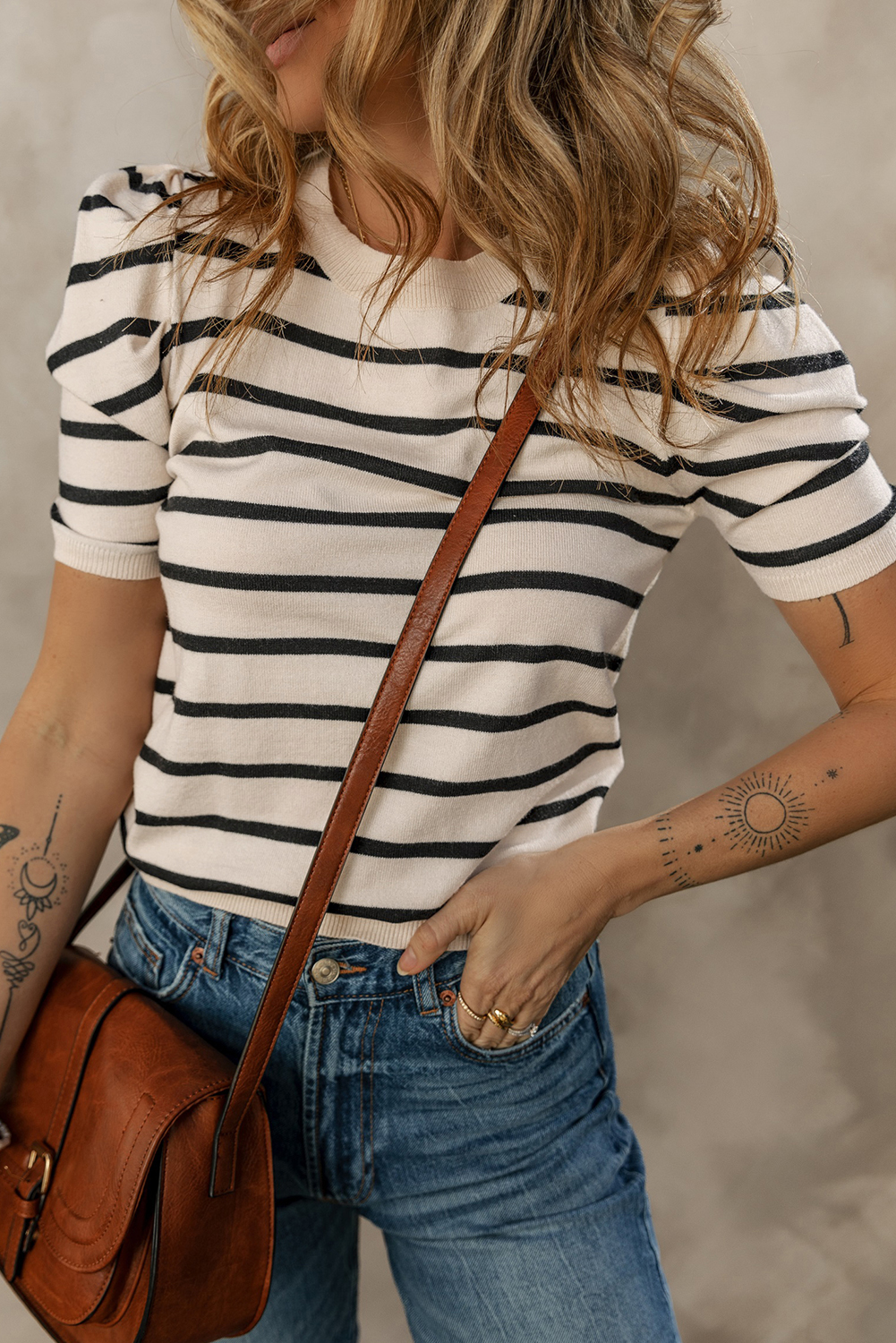 Blue Stripe Ribbed Trim Round Neck Bubble Sleeve Knitted Top