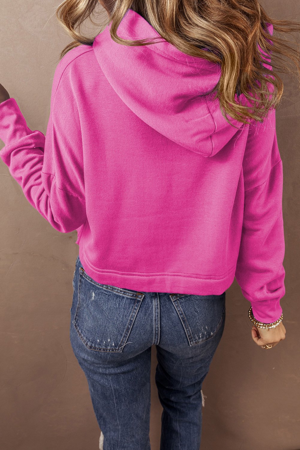 Black Solid Drop Shoulder Drawstring Cropped Hoodie