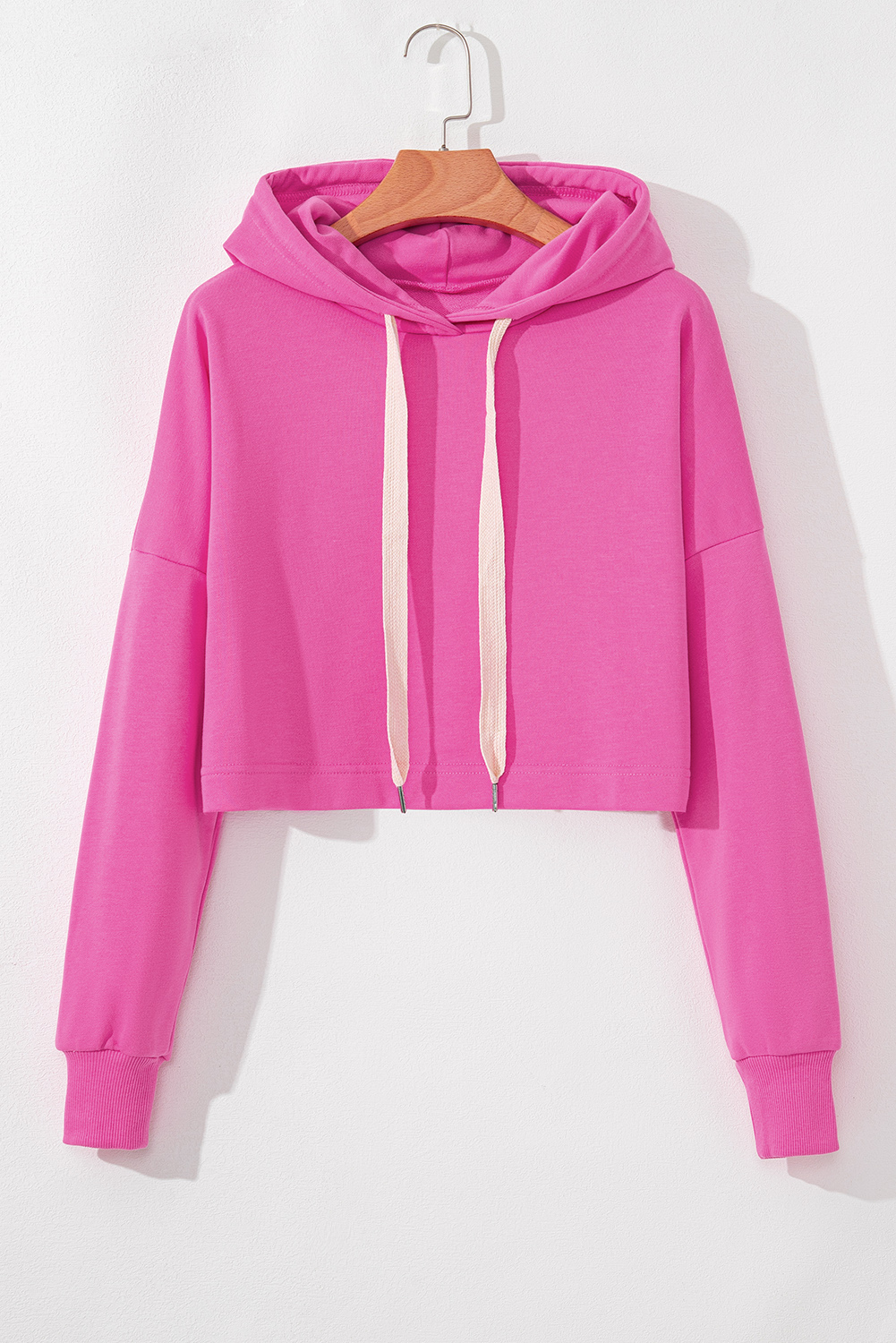 Black Solid Drop Shoulder Drawstring Cropped Hoodie