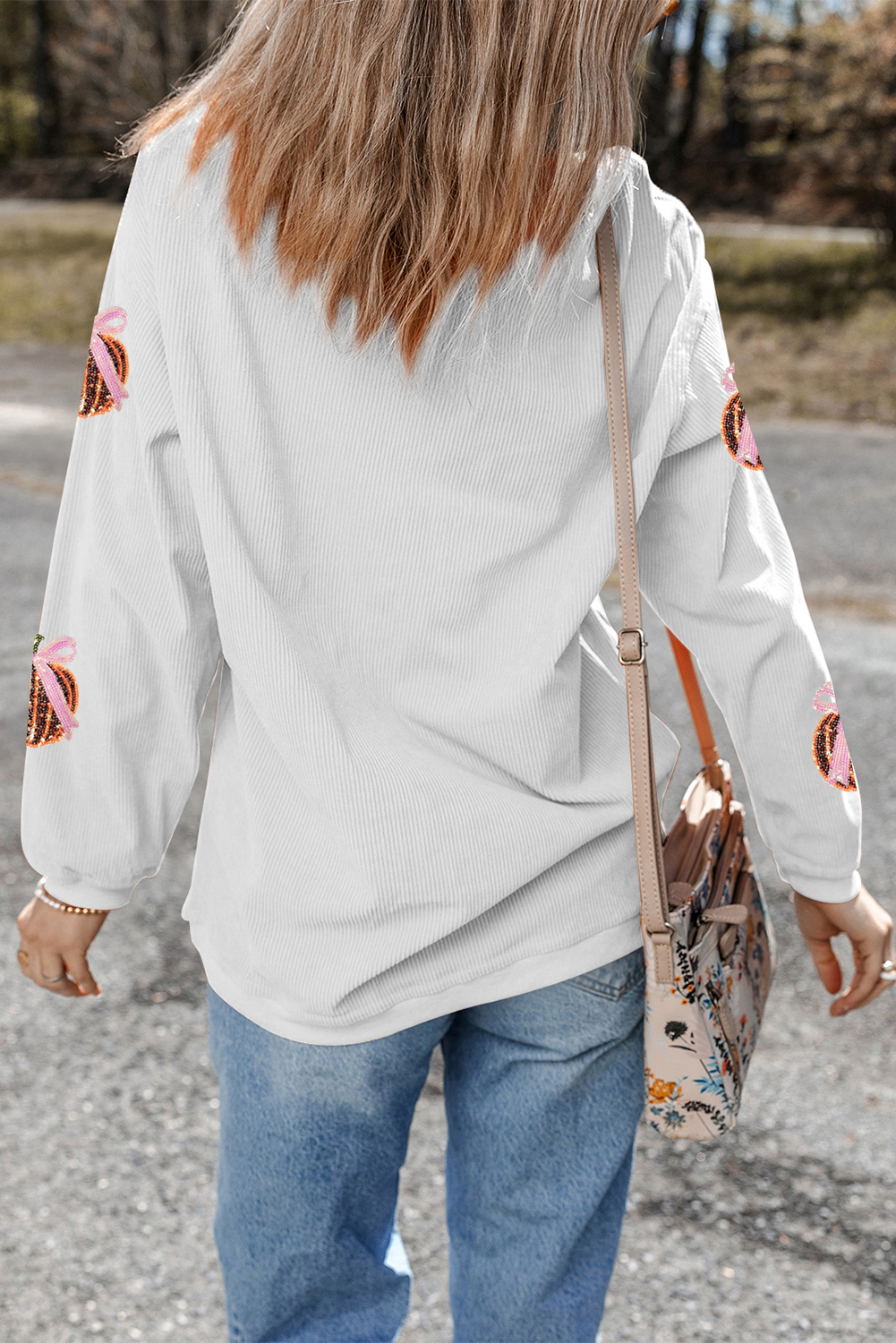 White Twisted Ribbed Sequin Bow Pumpkin Graphic Baggy Sweatshirt