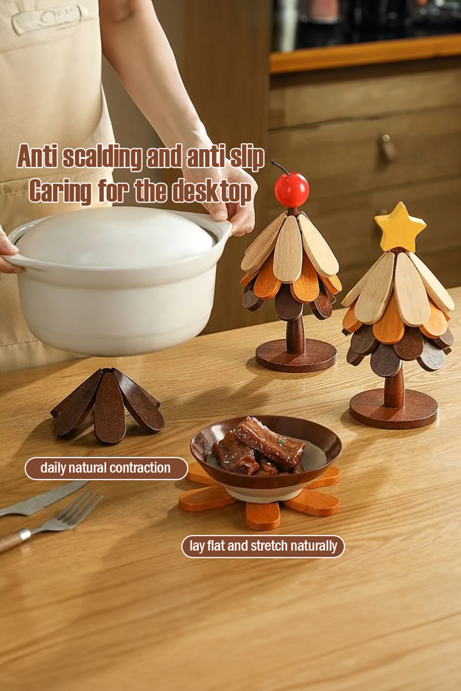 Fiery Red Cherry Wooden Trivets Christmas Tree 5pcs Heat Resistant Coaster