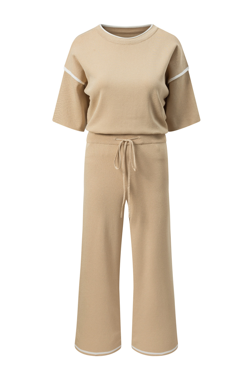 Blackish Green Contrast Trim Half Sleeve Top Drawstring Pants Loose 2pcs Sweater Suit