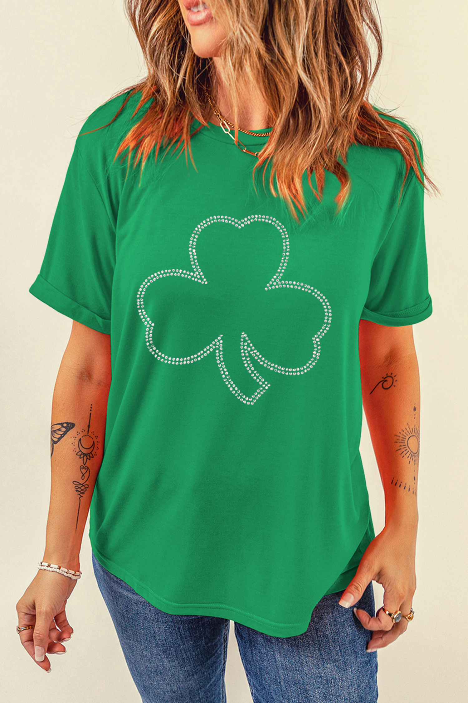 Bright Green Rhinestone Clover St Patricks Day T Shirt
