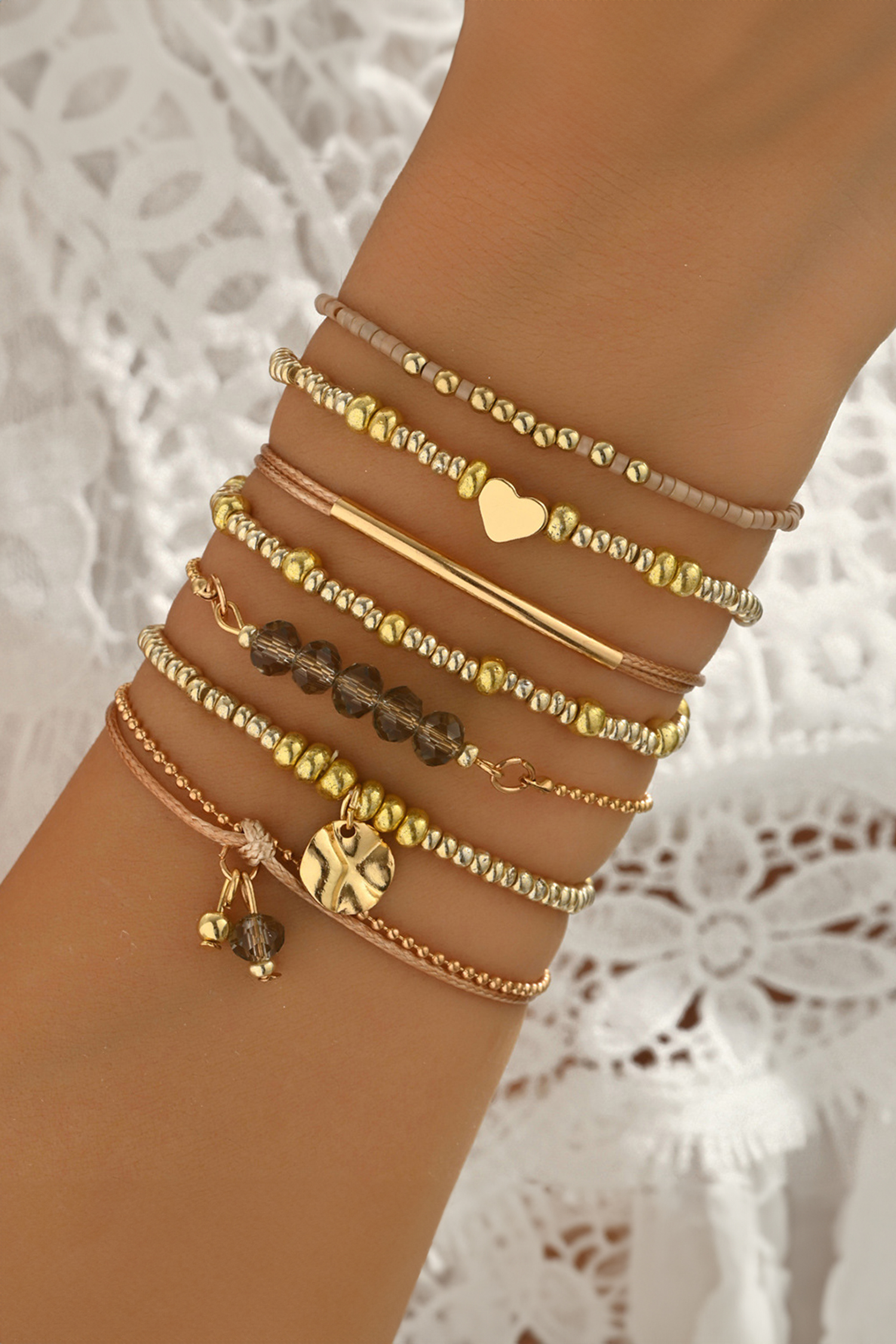 Gold 7pcs Bohemian Heart Bead Layered Bracelet Set