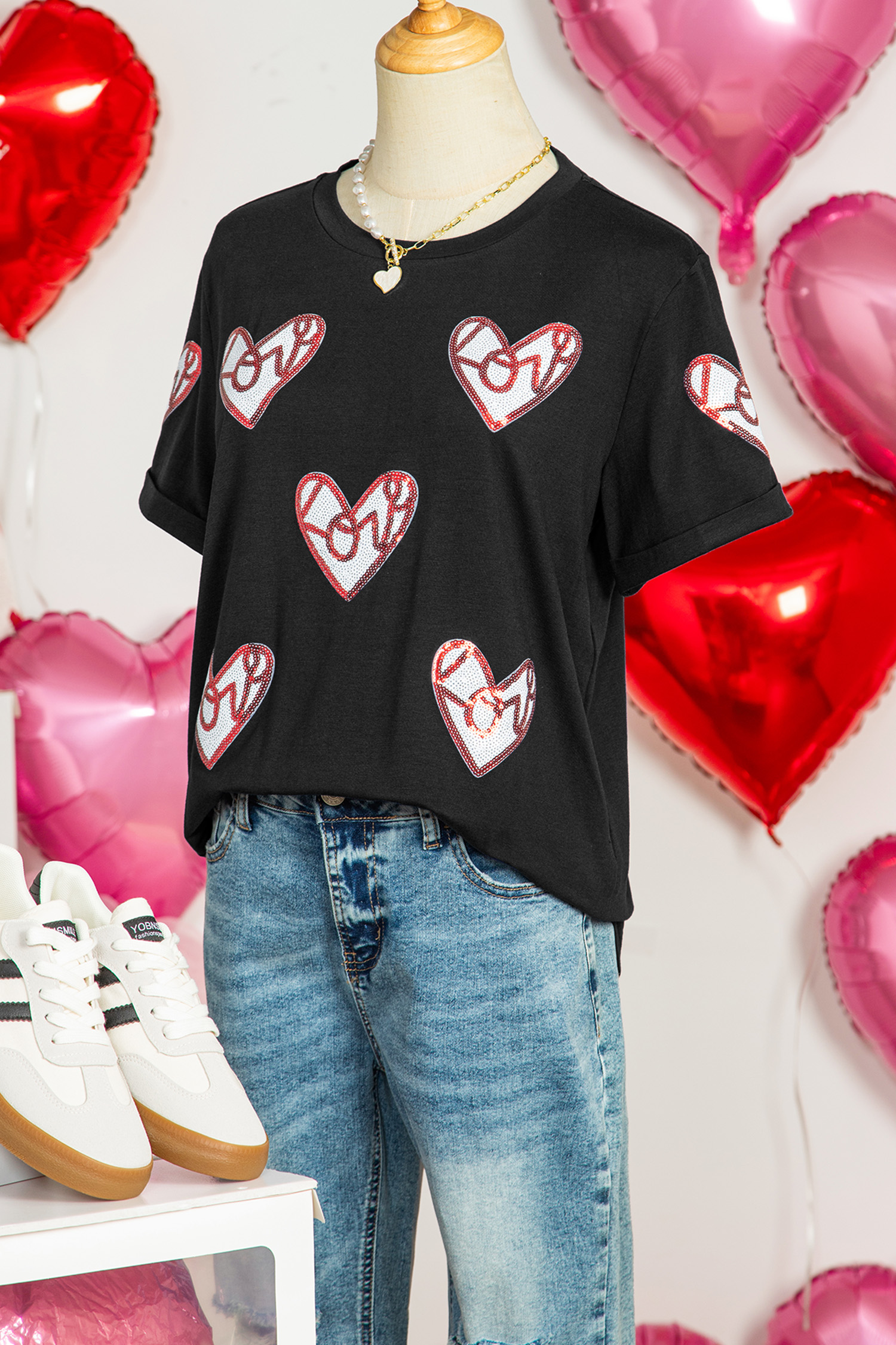 Black Sequin Heart Patched Valentines Day Fashion Graphic Tee