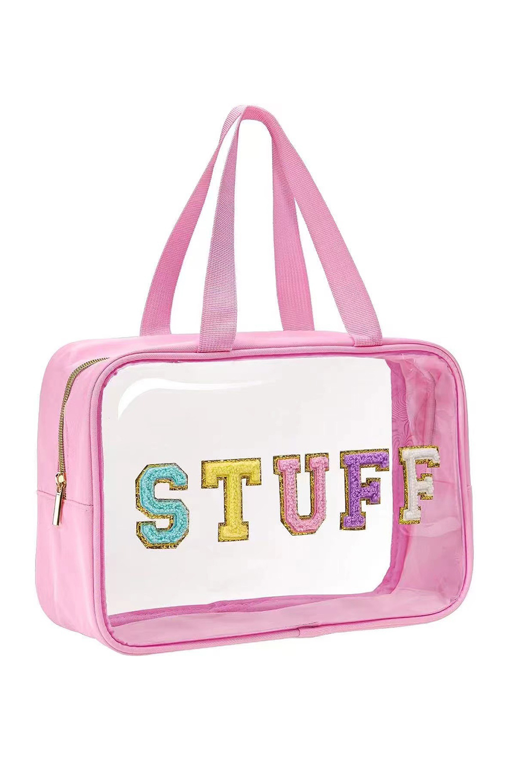 Light Pink TRAVEL Chenille Letter Clear PVC Makeup Bag