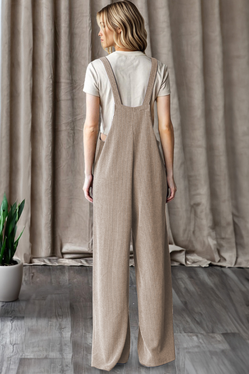 Dark Grey Ribbed Knit Patched Pocket Wide Leg Overalls