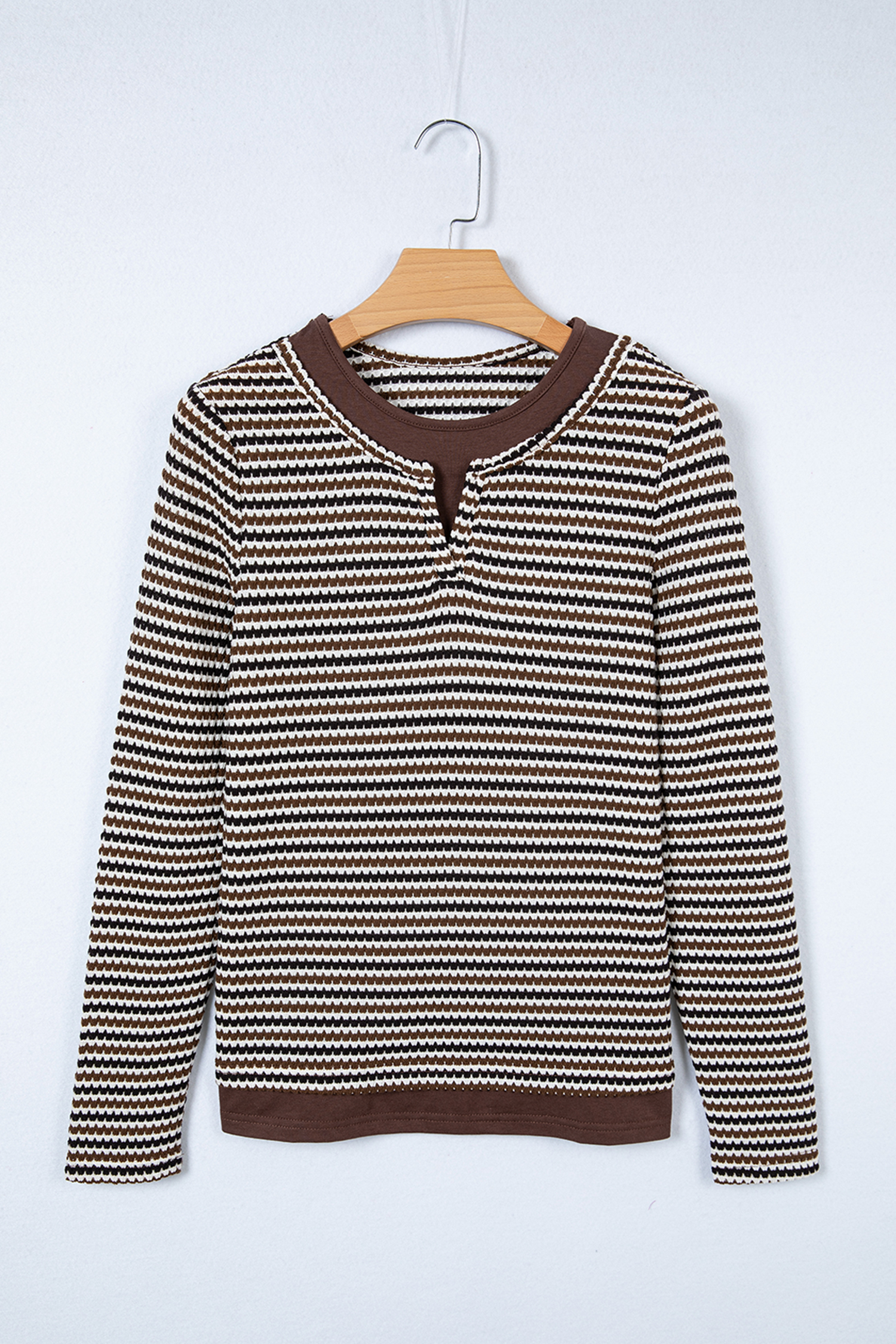 Brown Faux Two Piece Textured Striped Round Neck Long Sleeve T Shirt