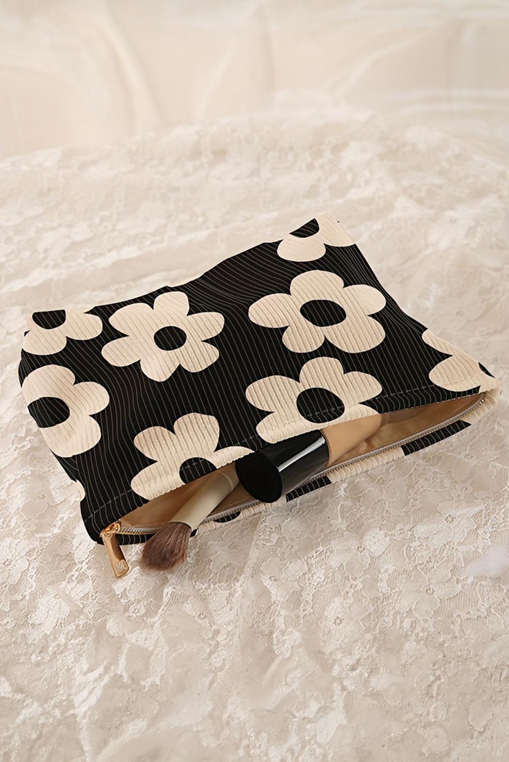 Red Flower Printed Rib Textured Cosmetic Bag