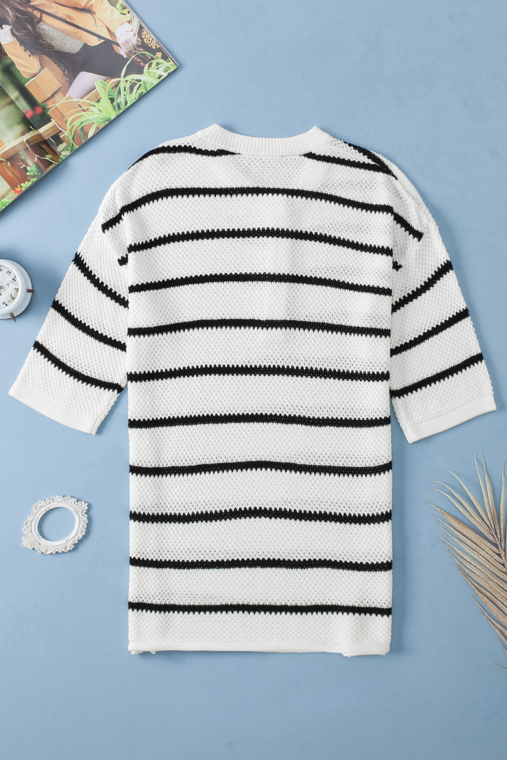 Black Stripe Henley Buttoned Placket Drop Shoulder Bracelet Sleeve Knit Sweater Tee