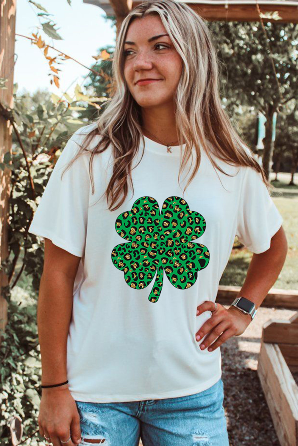 Black St. Patricks Lucky Clover Print O Neck T Shirt