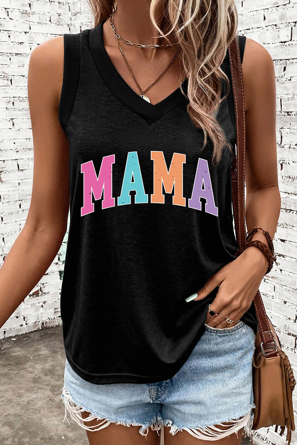 Black MAMA V Neck Loose Fit Tank Top