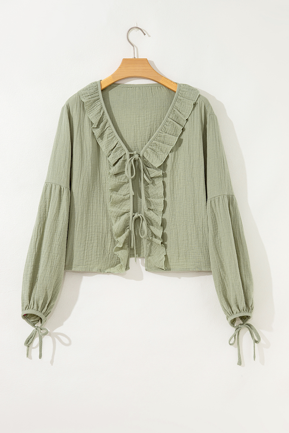 Meadow Mist Green Bow Tie Front Ruffle Trim V Neck Long Sleeve Gauze Blouse
