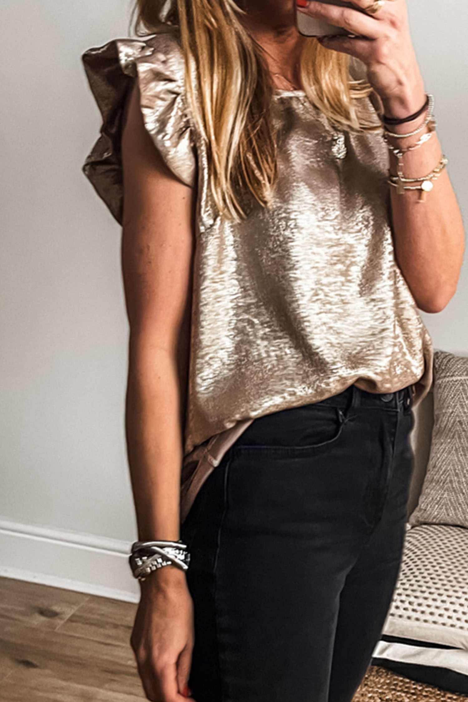 Apricot Metallic Round Neck Smocked Long Sleeve Blouse