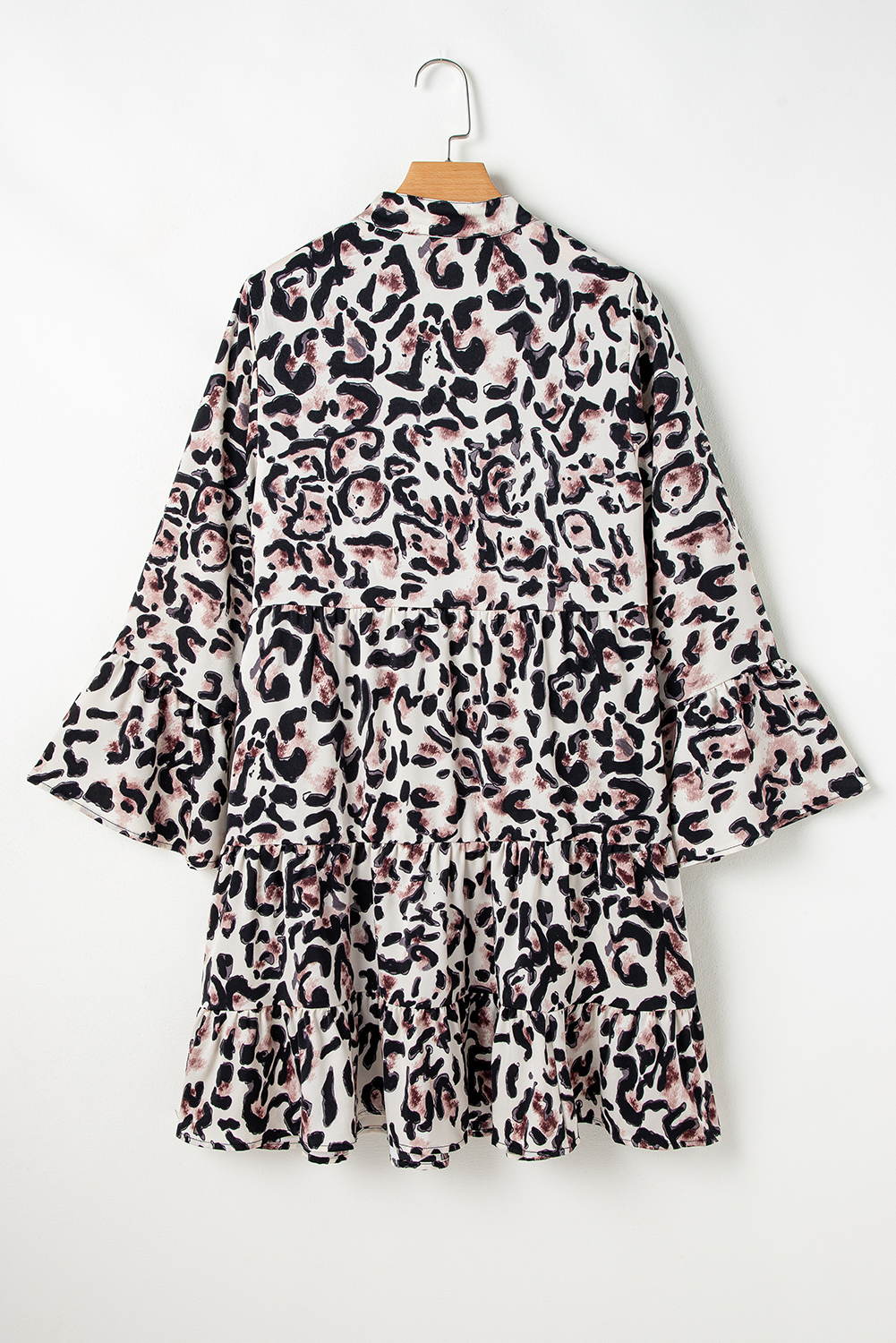 Khaki Leopard Print Buttoned Front 3/4 Sleeve Tiered Ruffled Hem Dress