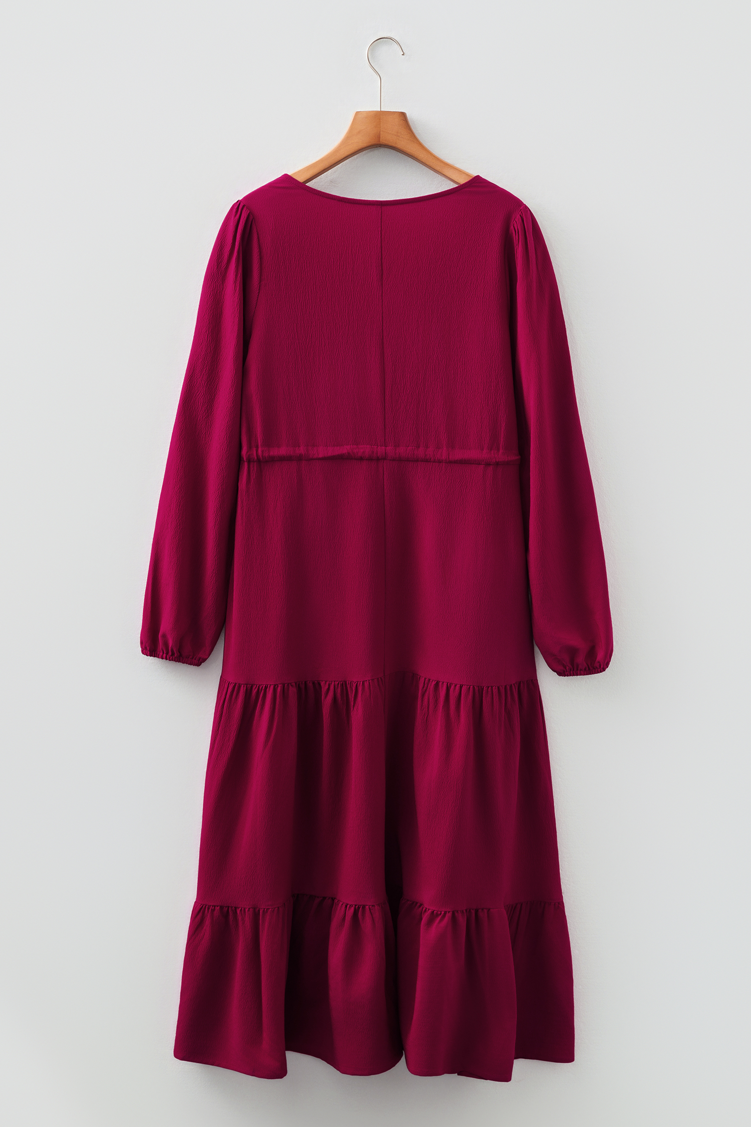 Blackish Green Solid Long Sleeve Button V Neck Tiered Maxi Dress