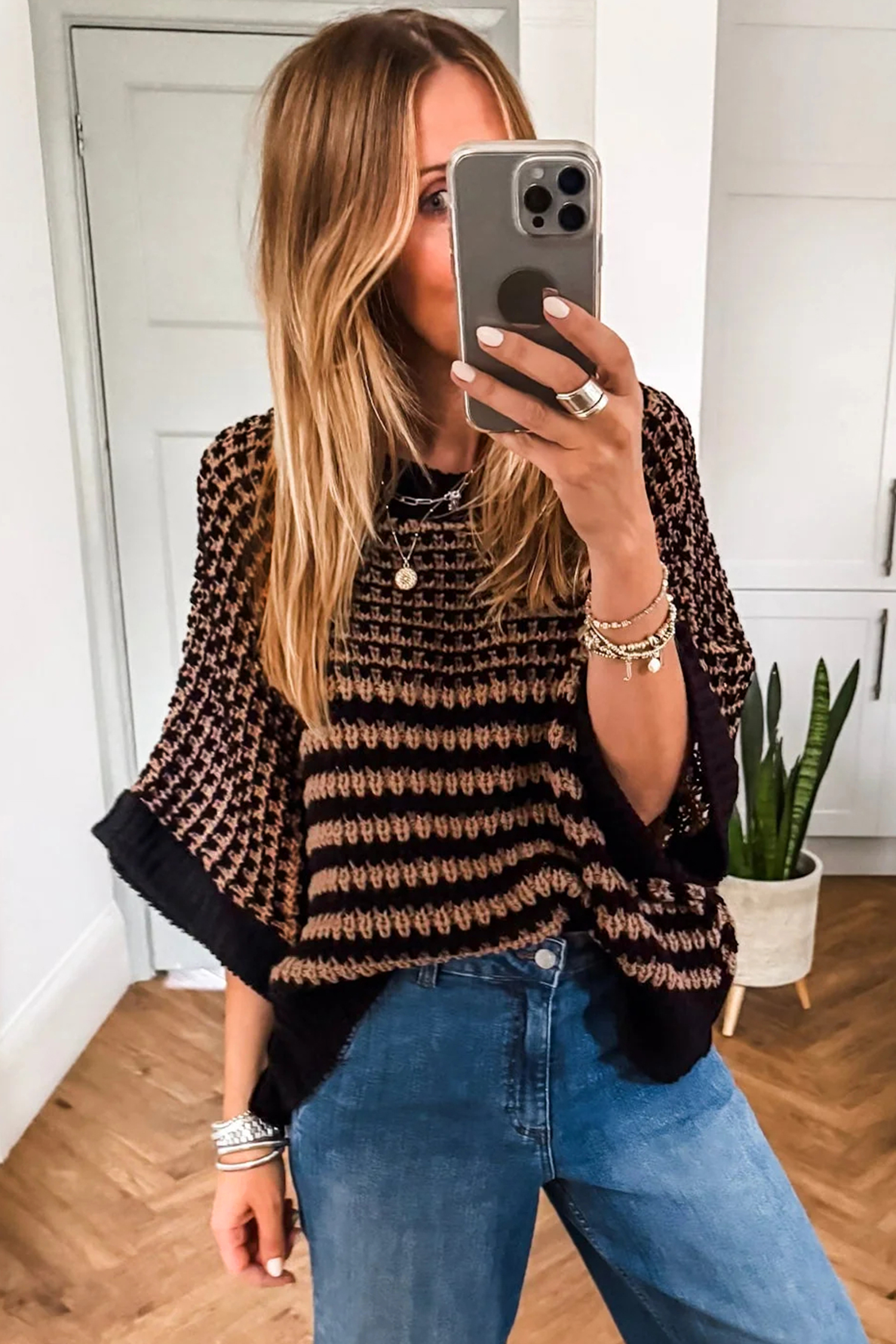 Black Stripe 3/4 Draped Sleeve Slouchy Sweater