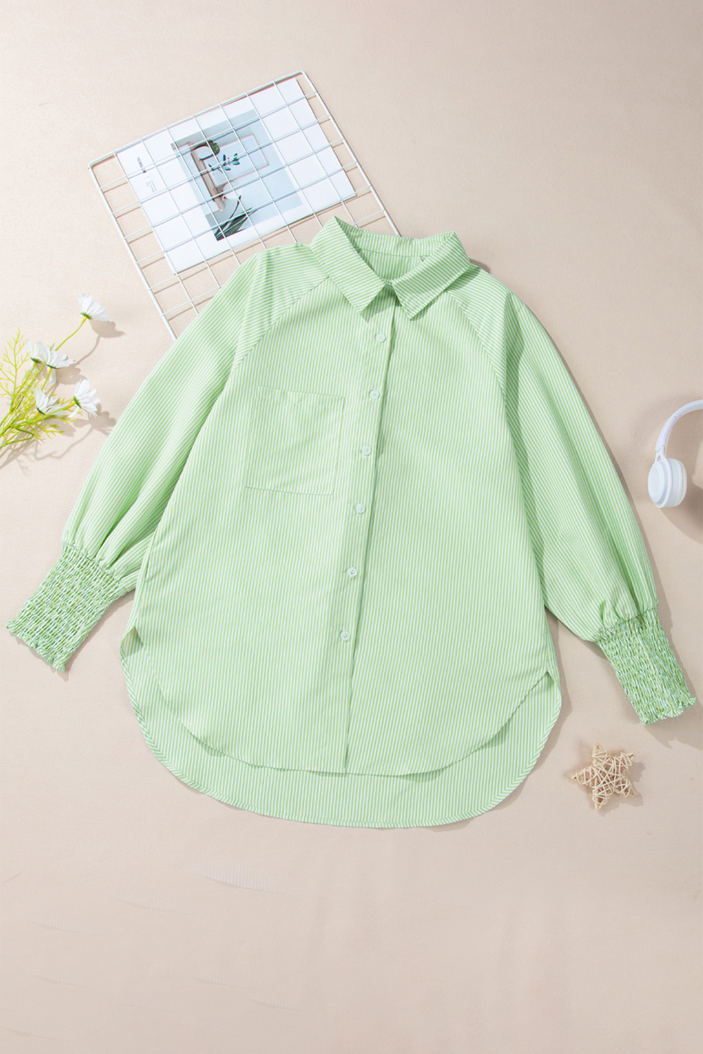 Grass Green Striped Shirred Cuff Buttoned Loose Fit Shirt