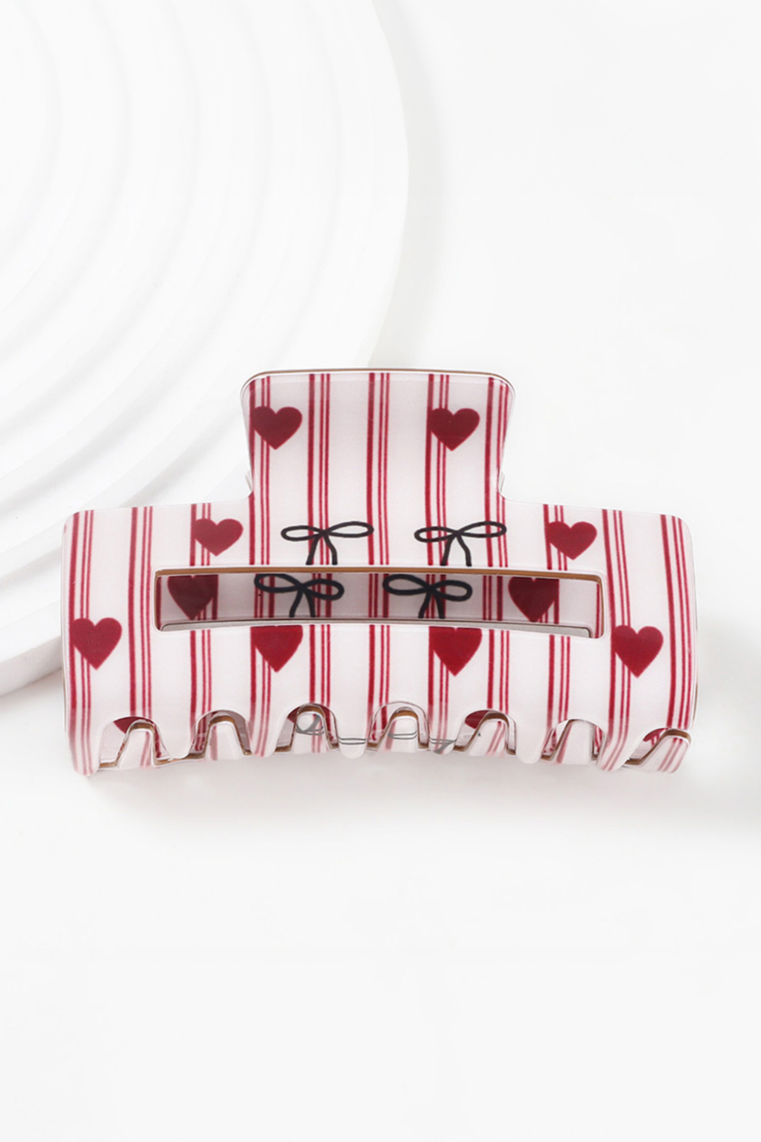 Fiery Red Striped Heart Contrast Bow Printed Rectangle Hair Claw Clip