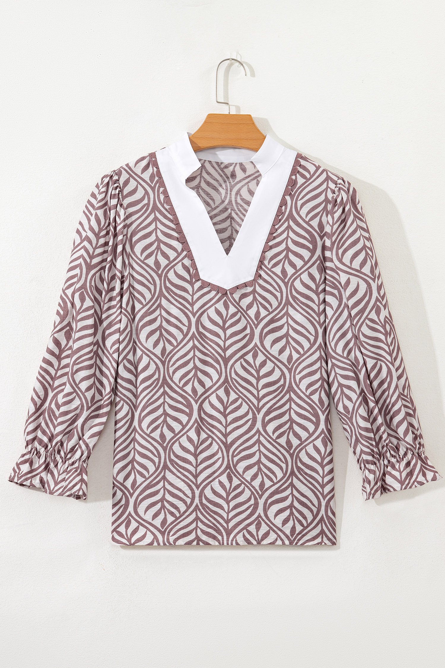 Brown Leaf Print Standing Collar Puff Sleeve Top