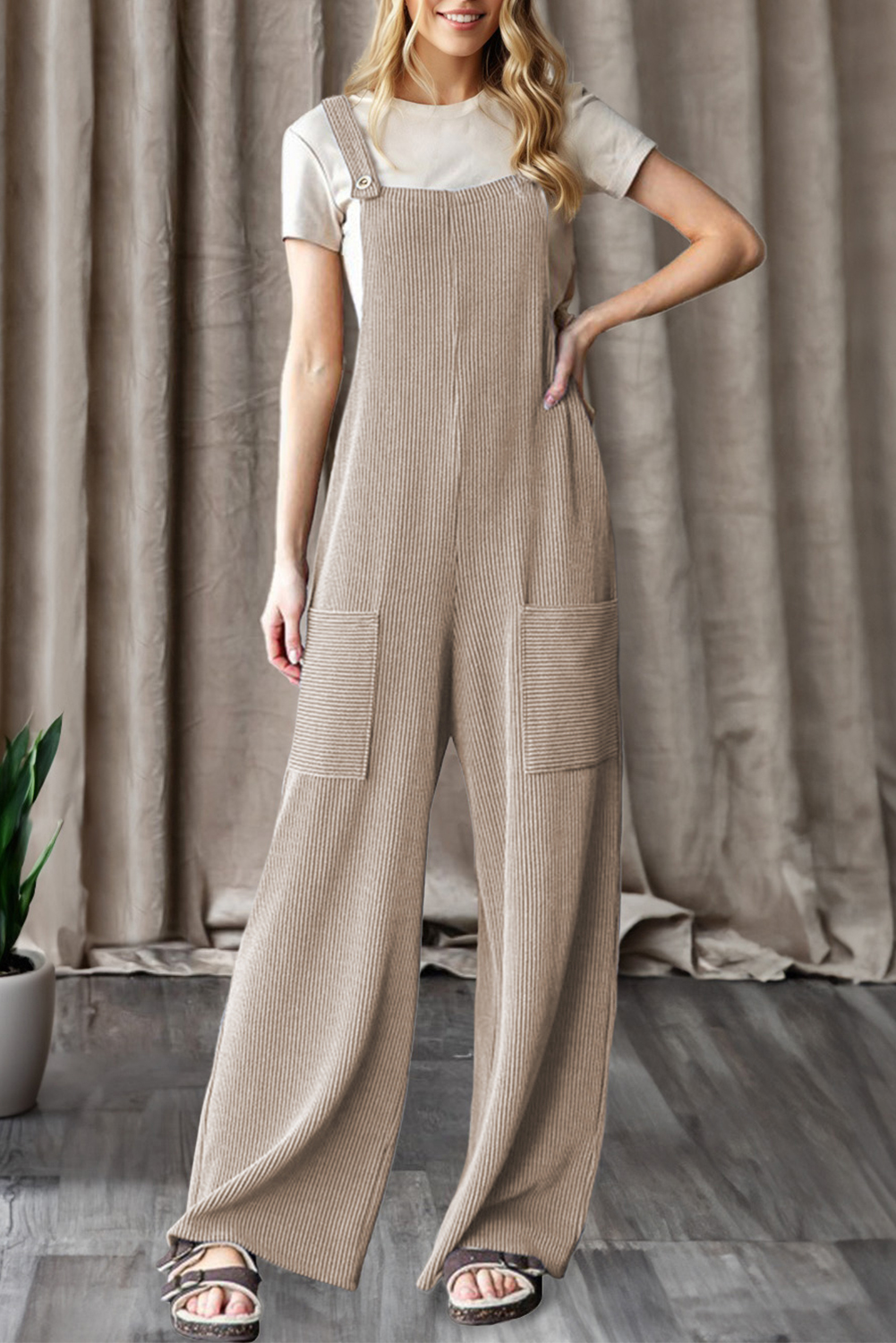 Dark Grey Ribbed Knit Patched Pocket Wide Leg Overalls
