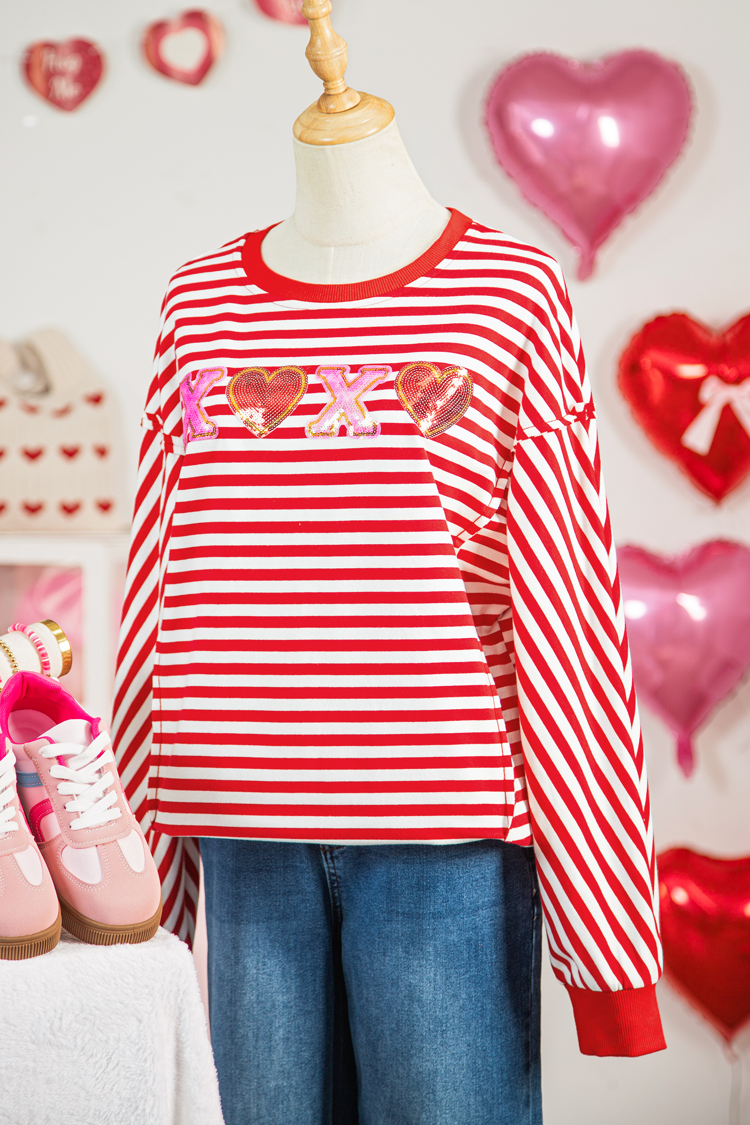 Red Stripe XOXO Sequin Heart Patched Valentines Day Long Sleeve Top