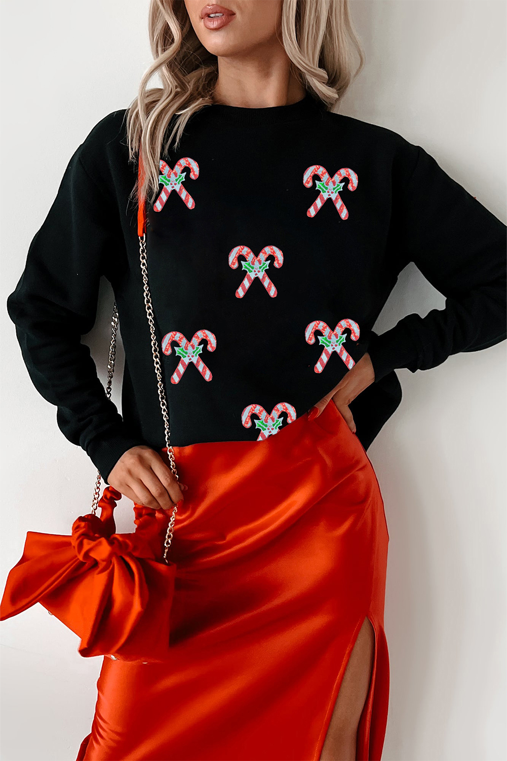 Black Candy Cane Patched Christmas Holiday Sweatshirt