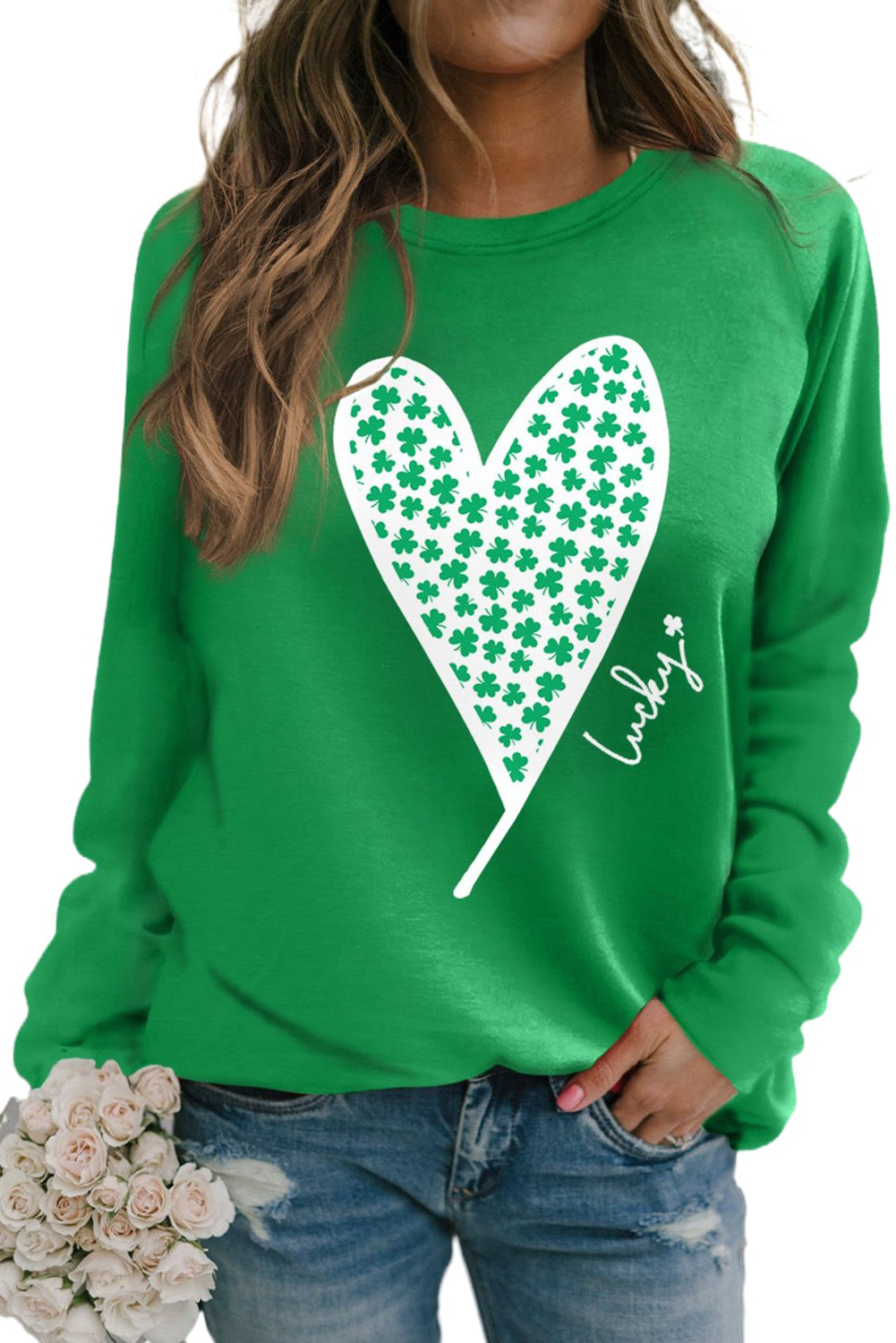 Green St. Patricks LUCKY Clover Print Raglan Sleeve Sweatshirt