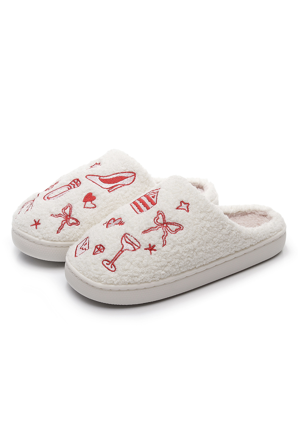 Fiery Red Plush Asymmetric Wedding Doodles Embroidered Slippers
