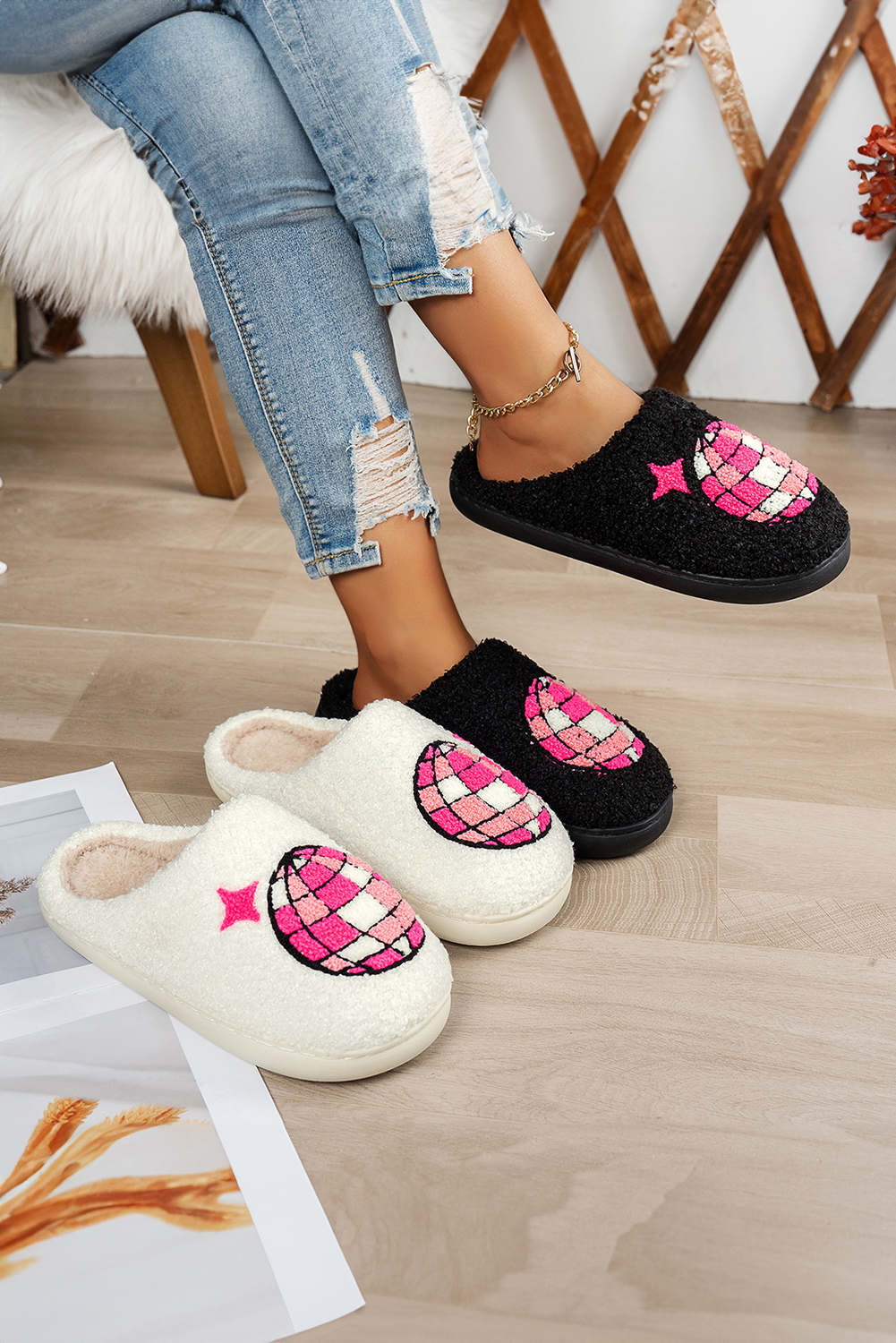 Black Disco Ball Print Fuzzy Winter House Slippers