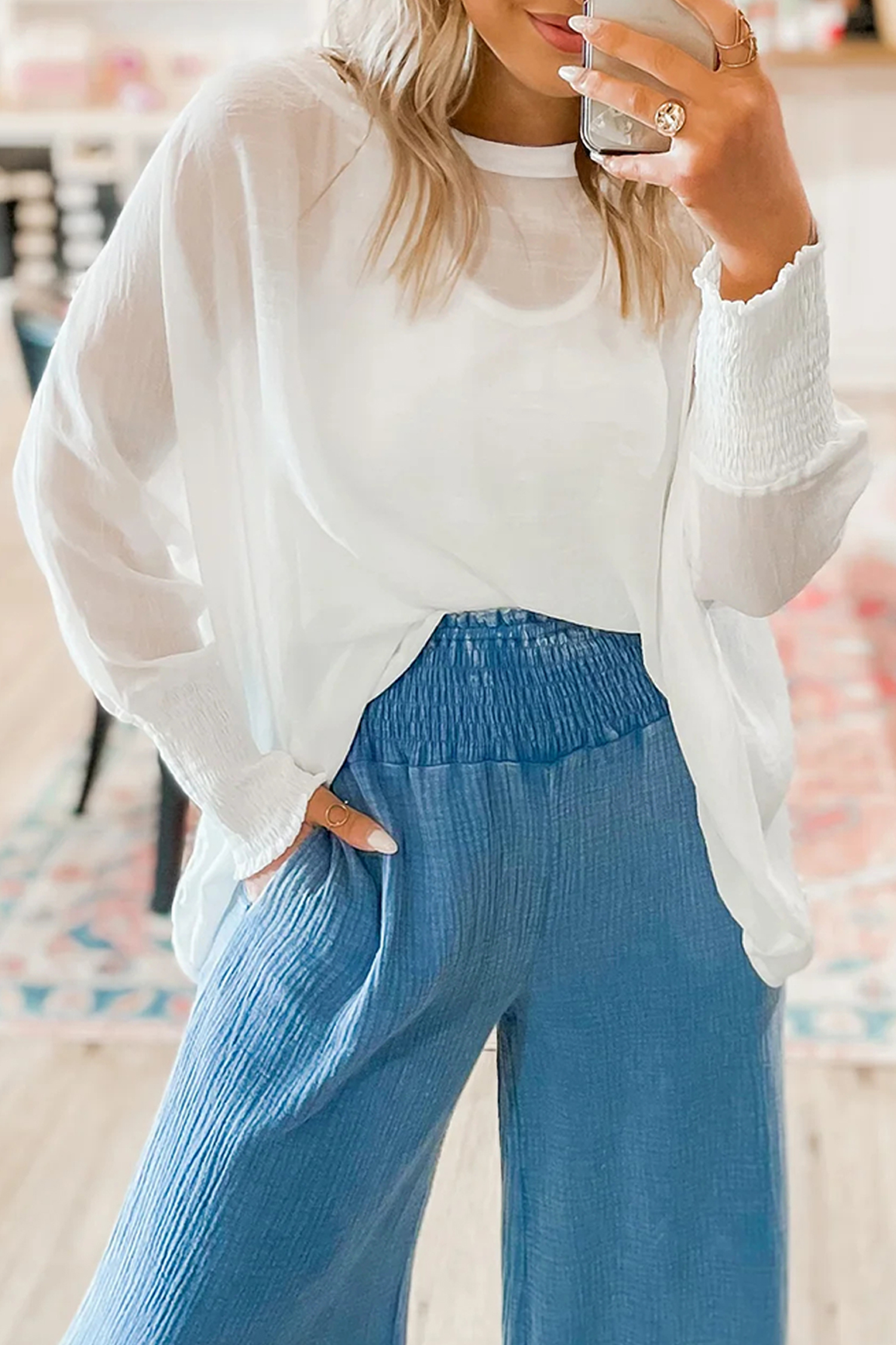 White Smocked Cuffs Semi Sheer Long Sleeve Dolman Blouse