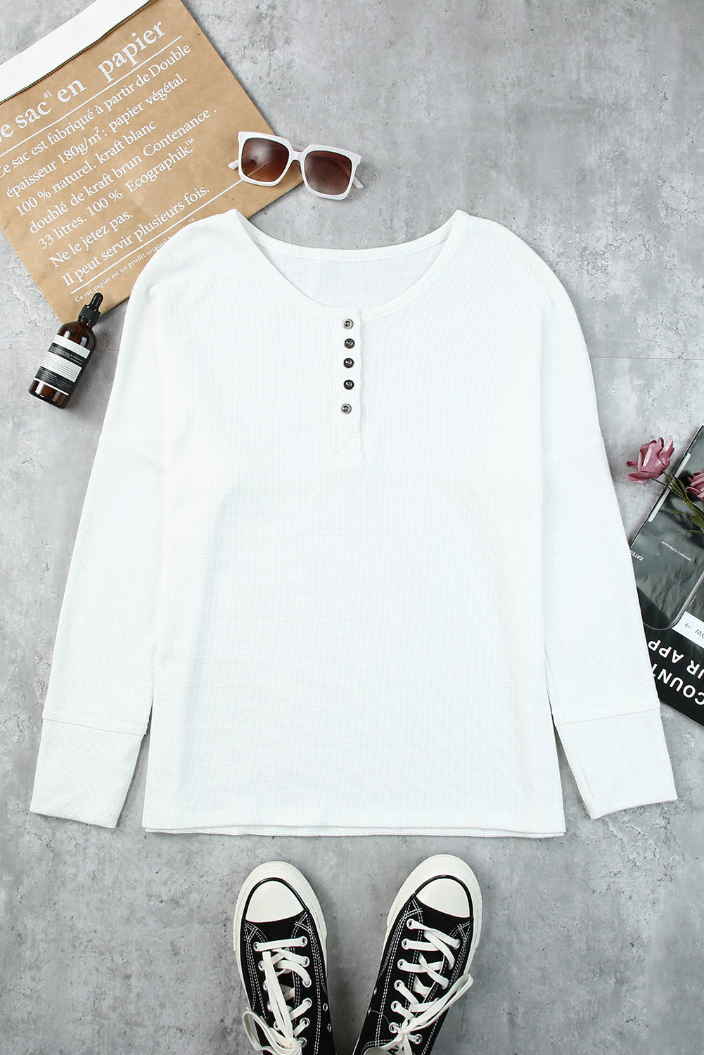 Black Waffle Knit Henley Top