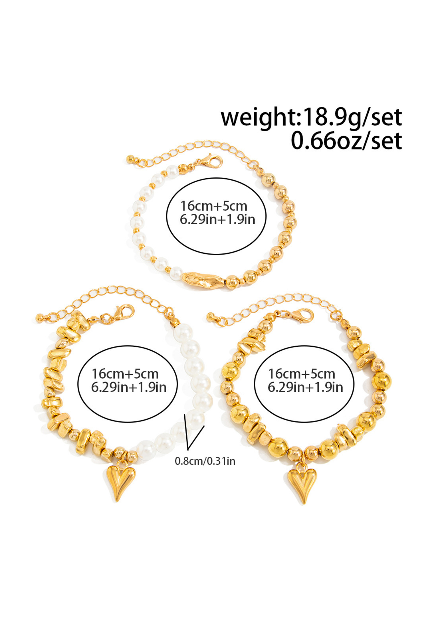 Gold 3pcs Irregular Beads Pearl Detail Bracelet Set