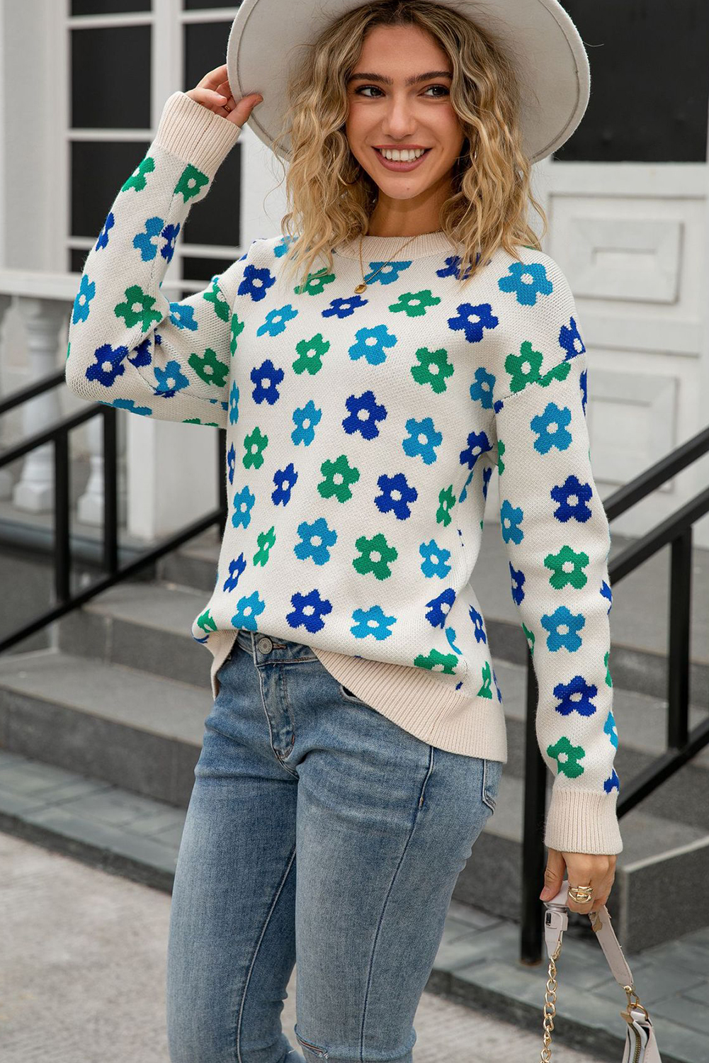 Apricot Cute Flower Allover Ribbed Trimmed Drop Shoulder Pullover Sweater