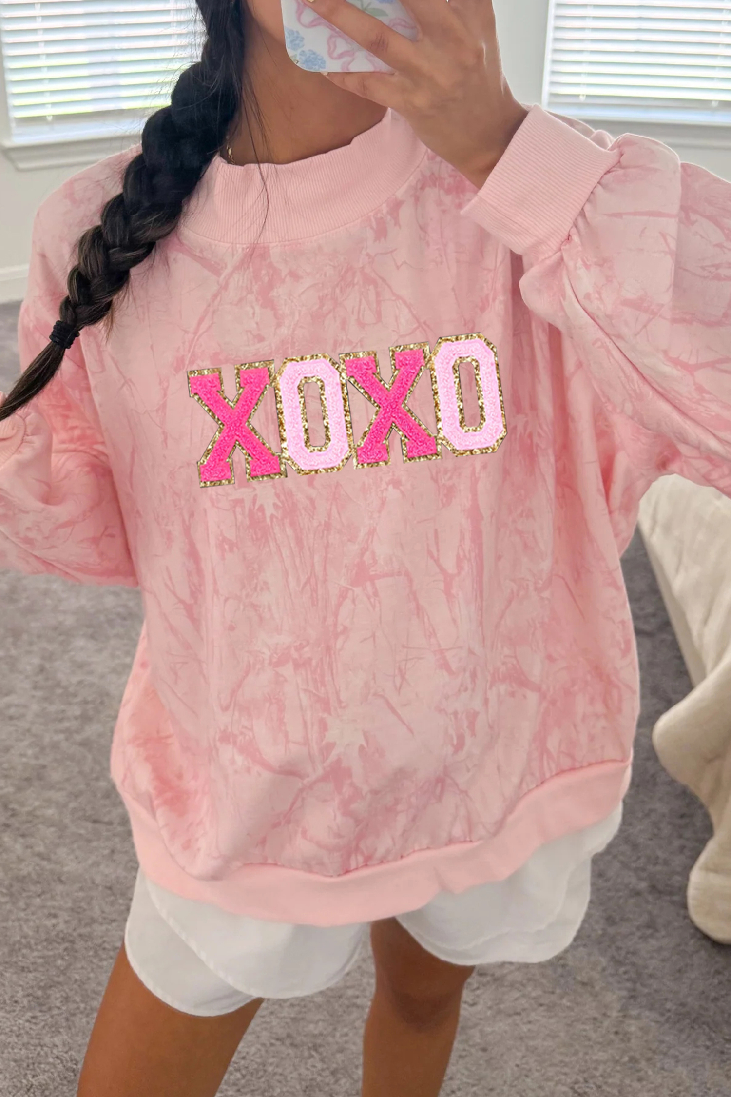 Pink Tie Dye Camo Sequin Love Heart Patched Mock Neck Sweatshirt