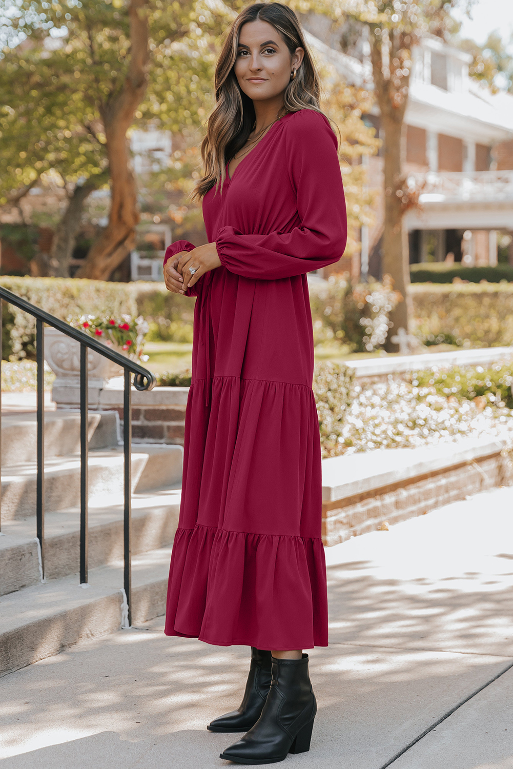 Blackish Green Solid Long Sleeve Button V Neck Tiered Maxi Dress