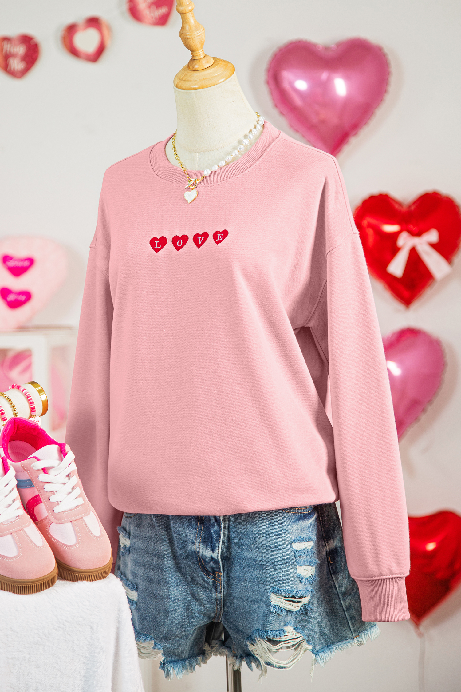 Pink LOVE In Hearts Embroidered Graphic Sweatshirt