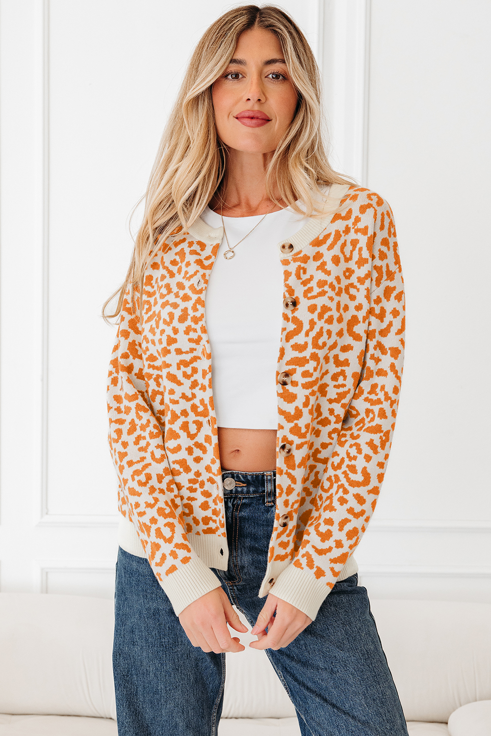Black Leopard Drop Shoulder Chunky Knitted Cardigan Sweater