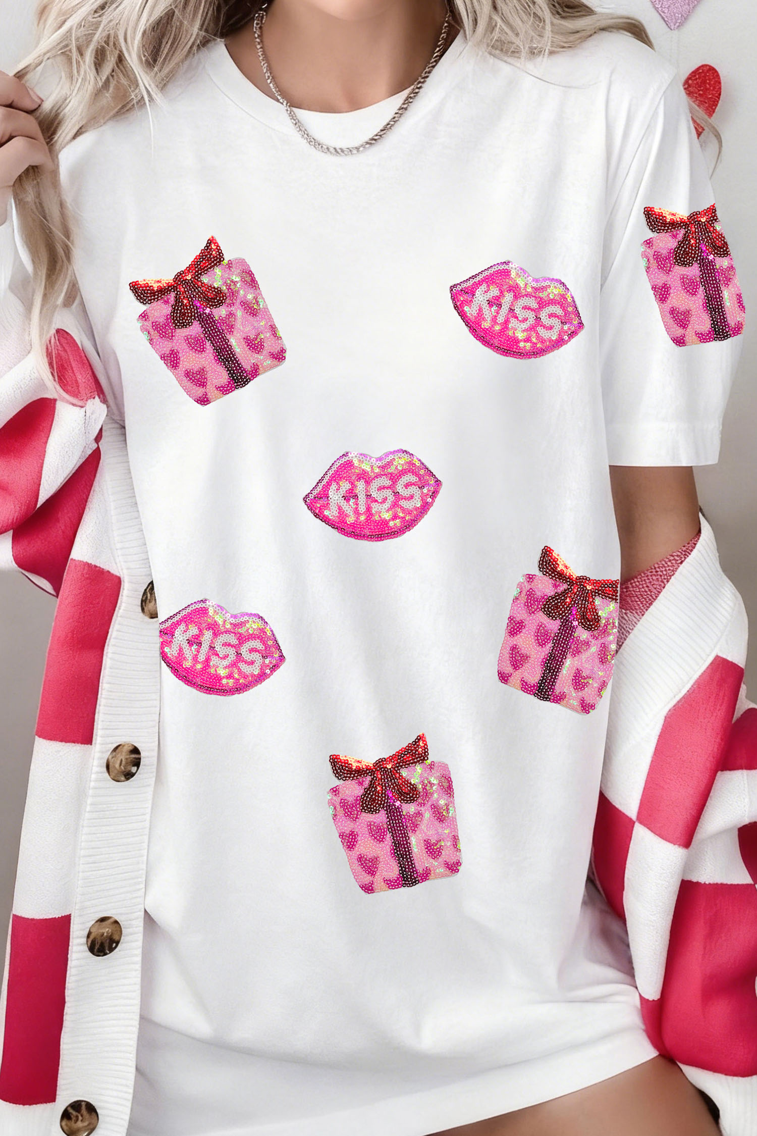 White Valentines Gift Kiss Lip Sequin Graphic T Shirt
