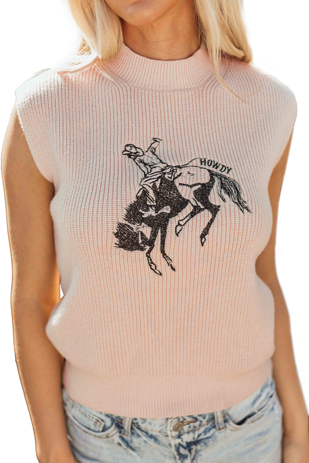 Black Western Cowboy Embroidery Round Neck Sleeveless Sweater