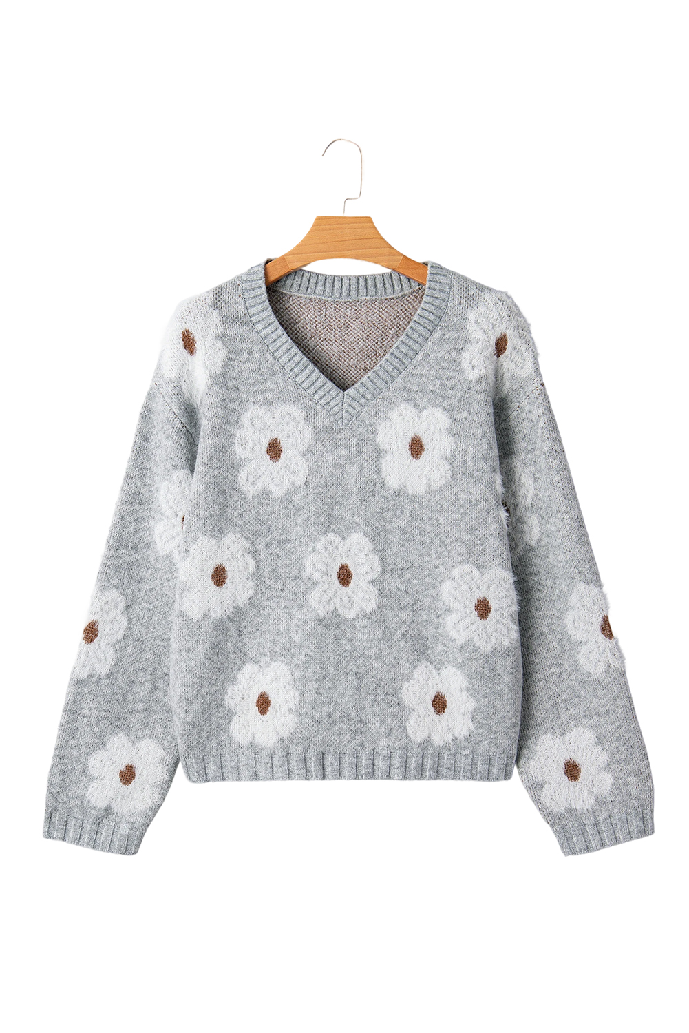 Gray Cute Flower Print V Neck Drop Shoulder Baggy Sweater