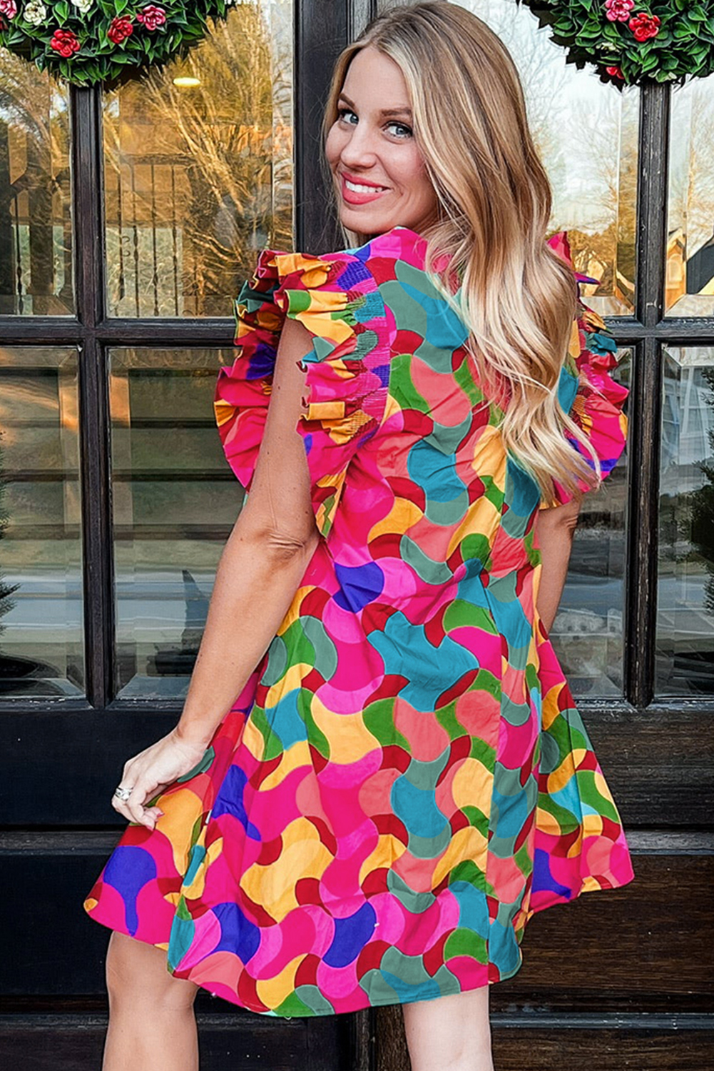 Rose Red Dramatic Ruffle Sleeve Smock Neck Wavy Print Top