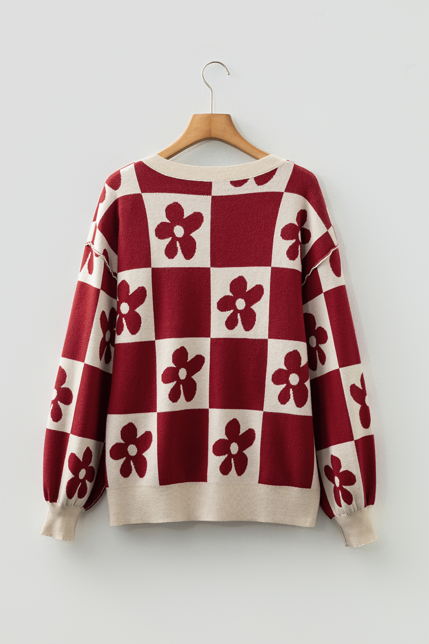Black Flower Plaid Henley Baggy Sweater