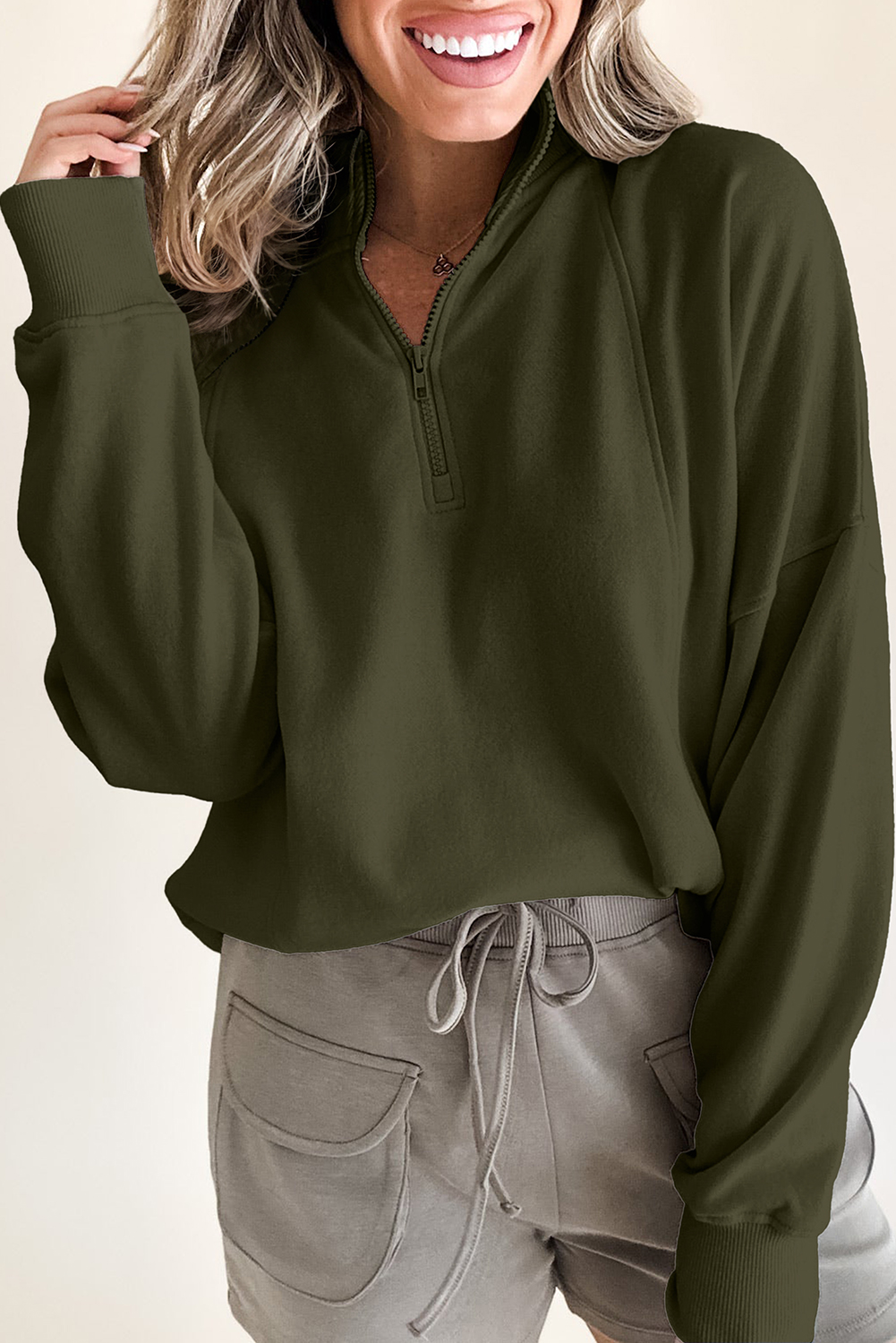 Fushia Zipped Neck Pullover Drop Shoulder Sweatshirt