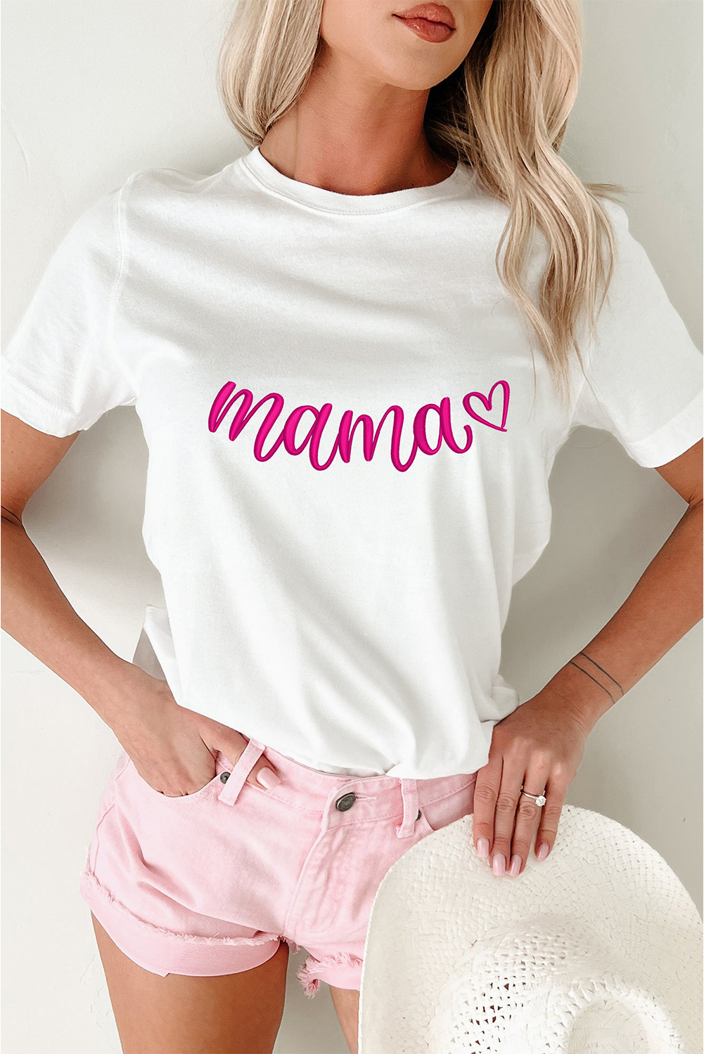 White mama Heart Embroidered Mothers Day T Shirt