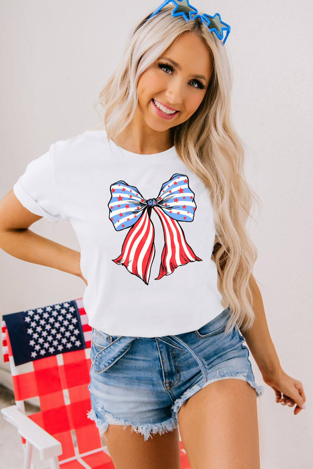 Khaki American Flag Bow Knot Print Round Neck T Shirt