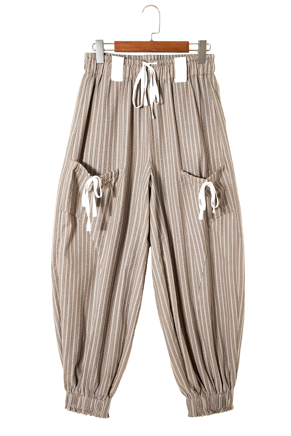 Brown Stripe Drawstring Cargo Jogger Pants with Pockets